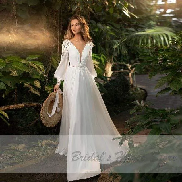 Puffy Chiffon Long Sleeve Bridal Dress V-Neck Modern