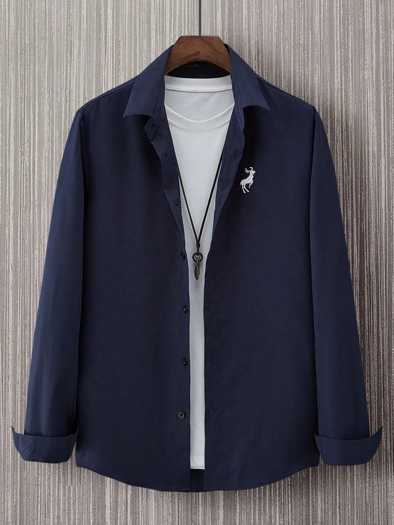 QA Homme Men Deer Embroidery Button Up Shirt