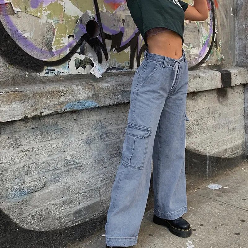 "HIGH WAIST BIG POCKET WIDE LEG" JEANS D060511