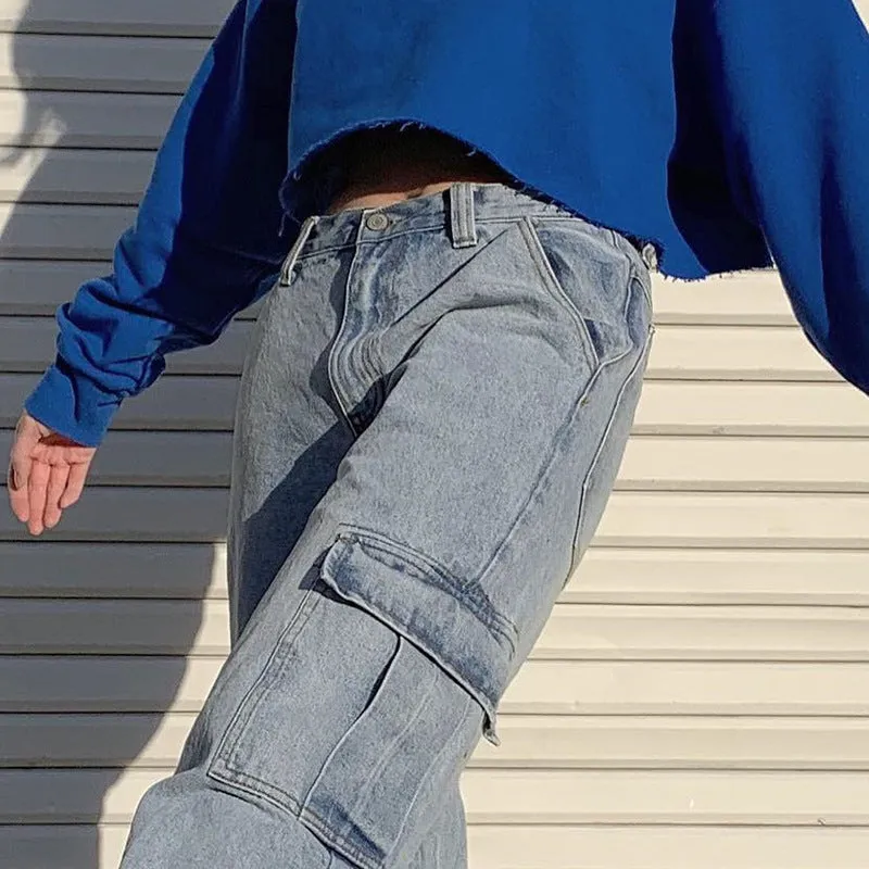 "HIGH WAIST BIG POCKET WIDE LEG" JEANS D060511