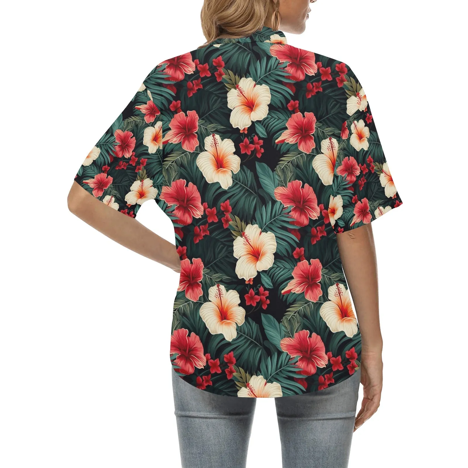 Red & White Hibiscus Hawaiian Shirt for Women