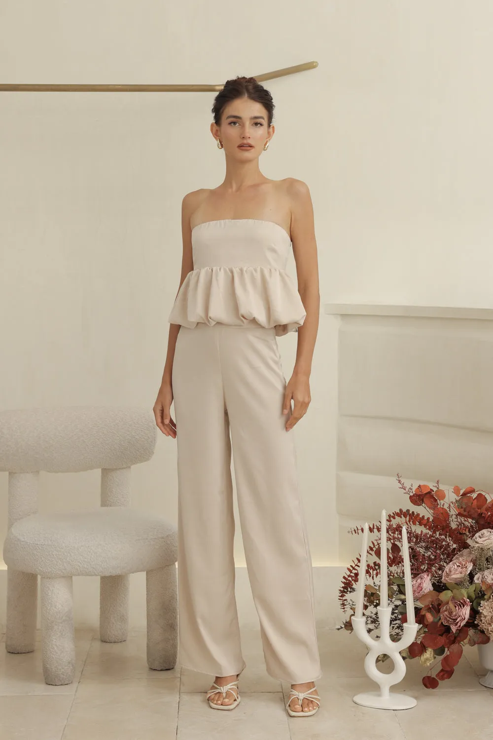 REMI PANT SET Strapless Peplum Top and Straight Cut Pant (Nude Silk Crepe)