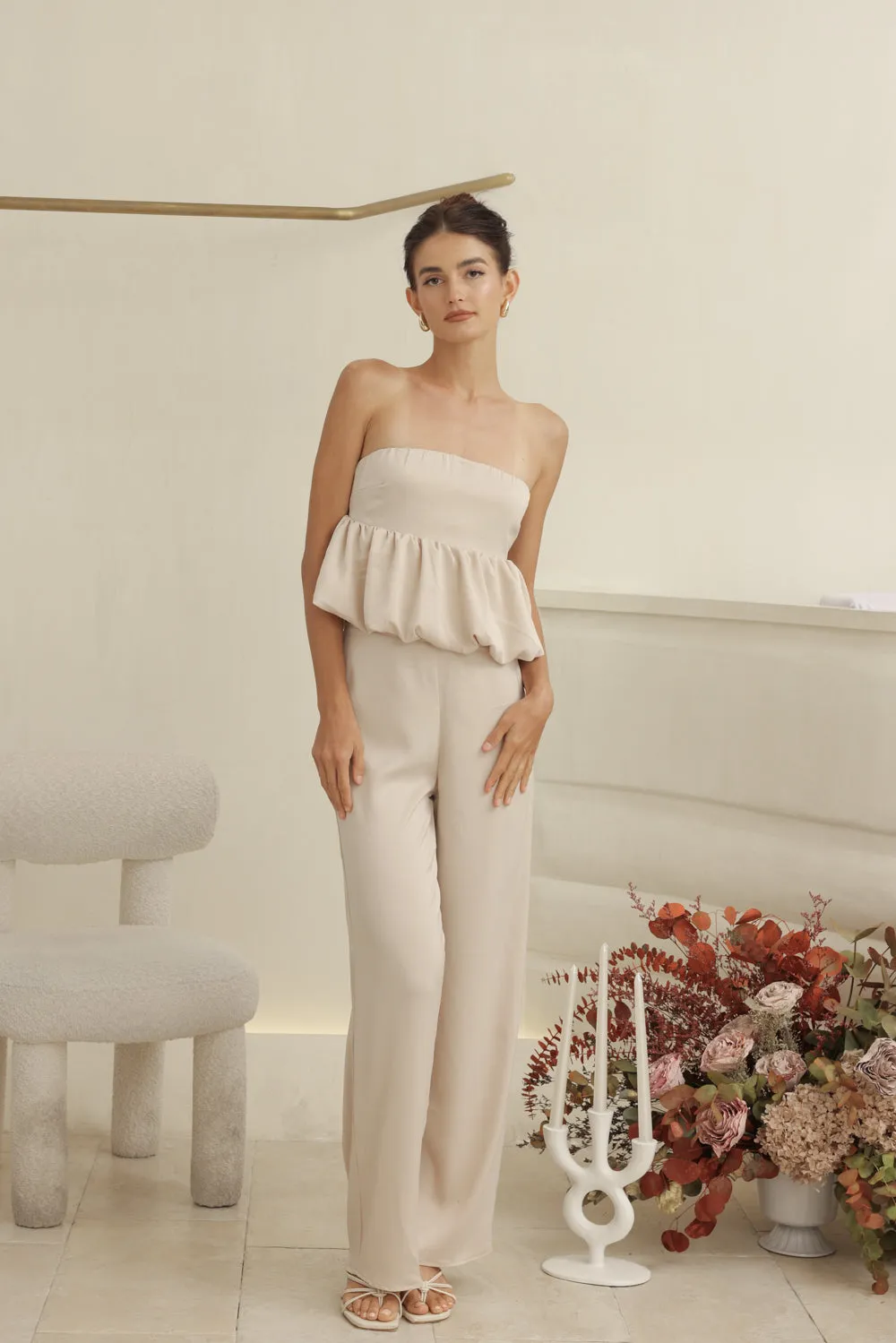 REMI PANT SET Strapless Peplum Top and Straight Cut Pant (Nude Silk Crepe)