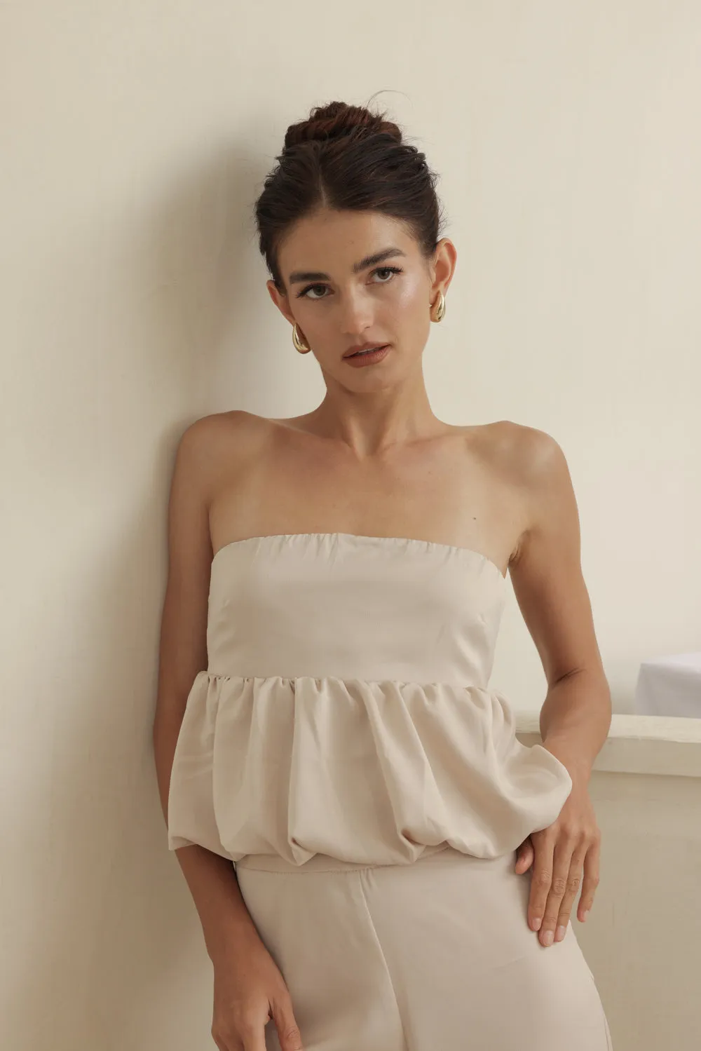 REMI PANT SET Strapless Peplum Top and Straight Cut Pant (Nude Silk Crepe)