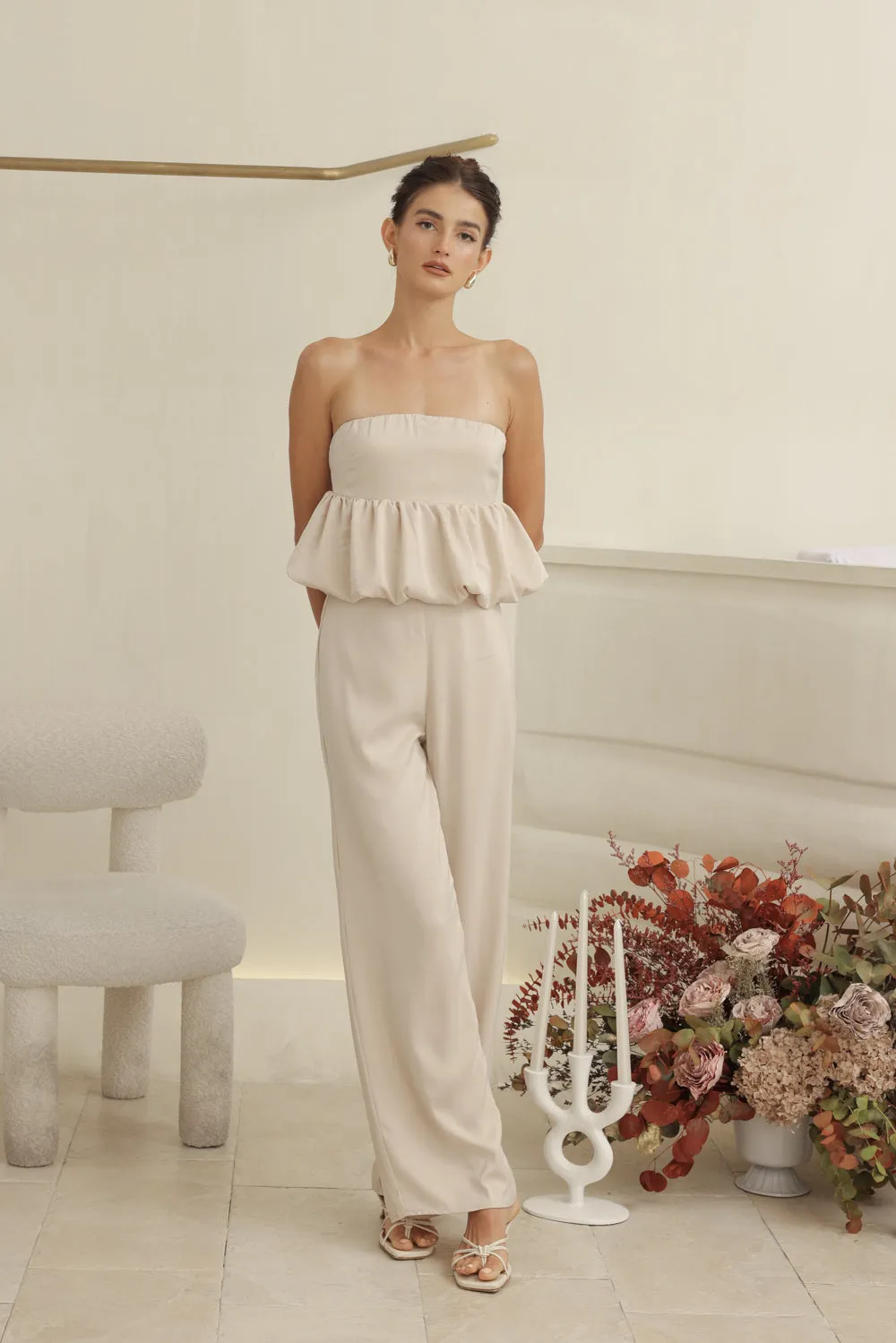 REMI PANT SET Strapless Peplum Top and Straight Cut Pant (Nude Silk Crepe)
