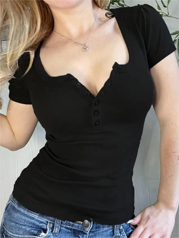 Ribbed short-sleeved basic top with button placket and round neckline