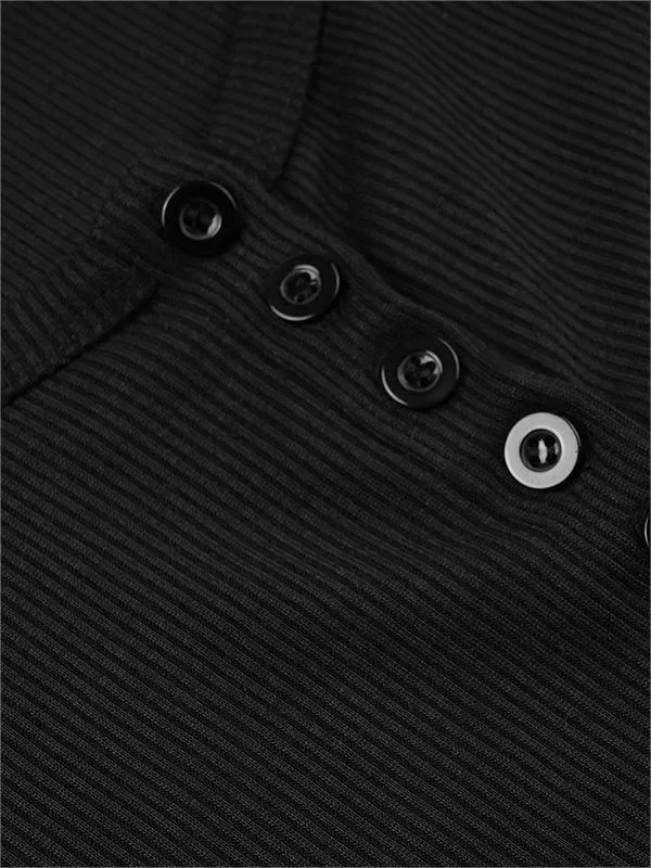 Ribbed short-sleeved basic top with button placket and round neckline