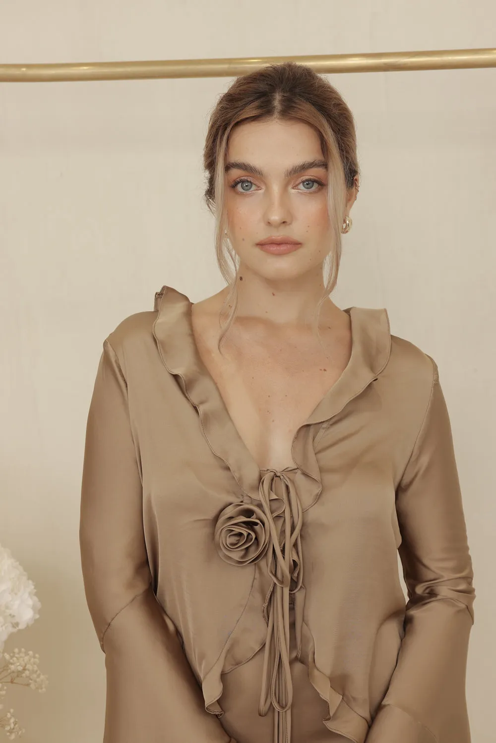 ROMAINE SET Ruffled Wing Top with Floral Detail and Ruffled Mini Skirt (Olive SC Silk)