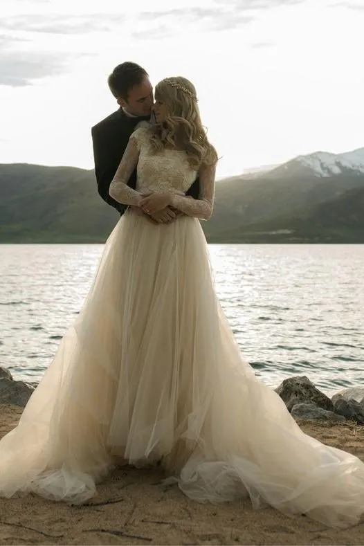 Romantic Champagne Wedding Dress with Lace Long Sleeves