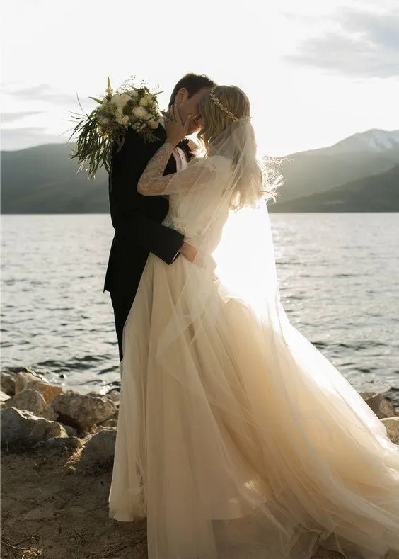 Romantic Champagne Wedding Dress with Lace Long Sleeves