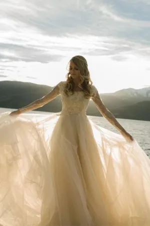 Romantic Champagne Wedding Dress with Lace Long Sleeves