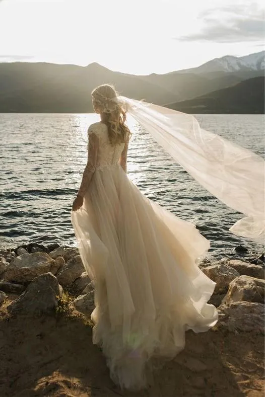 Romantic Champagne Wedding Dress with Lace Long Sleeves