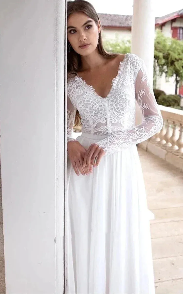 Romantic Modern A Line Floor-length Chiffon Lace V-neck Long Sleeve Wedding Dress