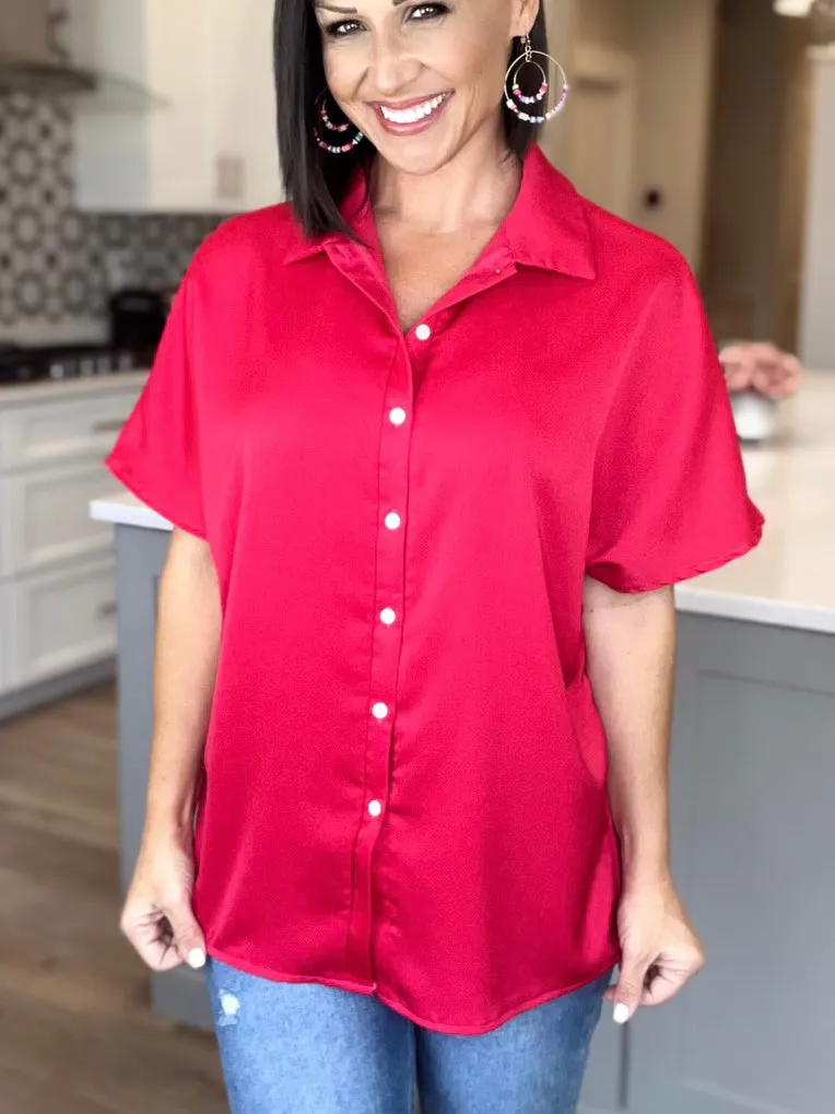 Rose Solid Color Button Down Short Sleeve Shirts