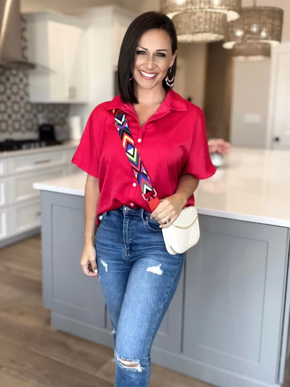 Rose Solid Color Button Down Short Sleeve Shirts