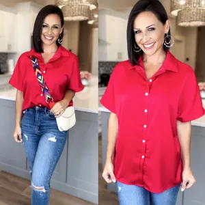 Rose Solid Color Button Down Short Sleeve Shirts