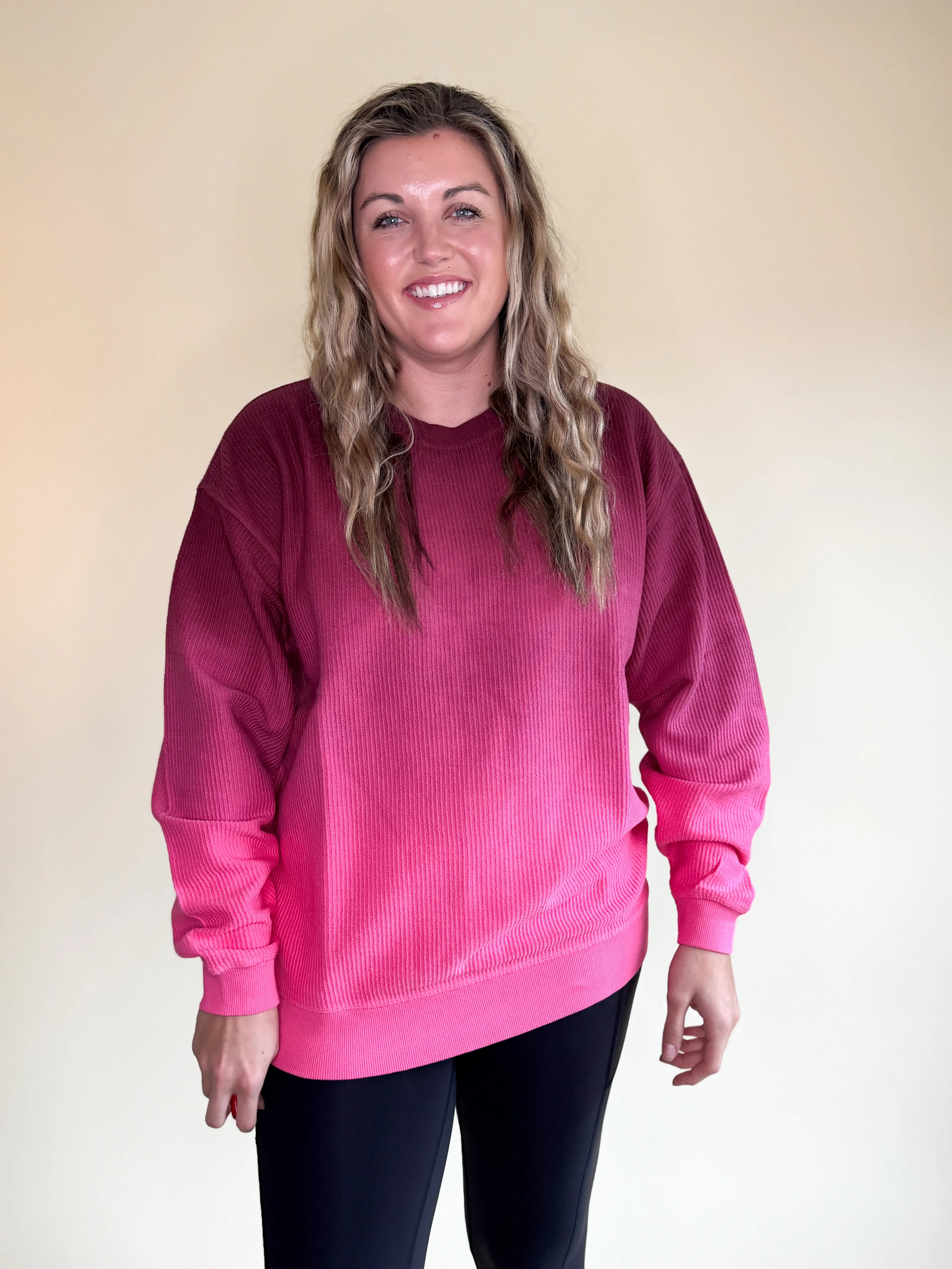 Ryder Ombre Corded Crew- Maroon/Pink