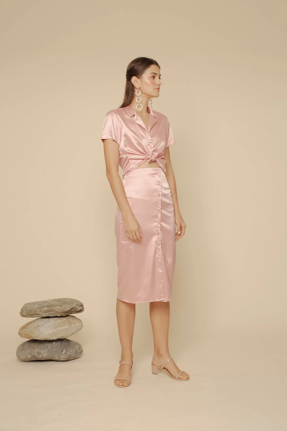 SALOME TOP Silk Collared Blouse with Covered Buttons (Rose Pink Silk)