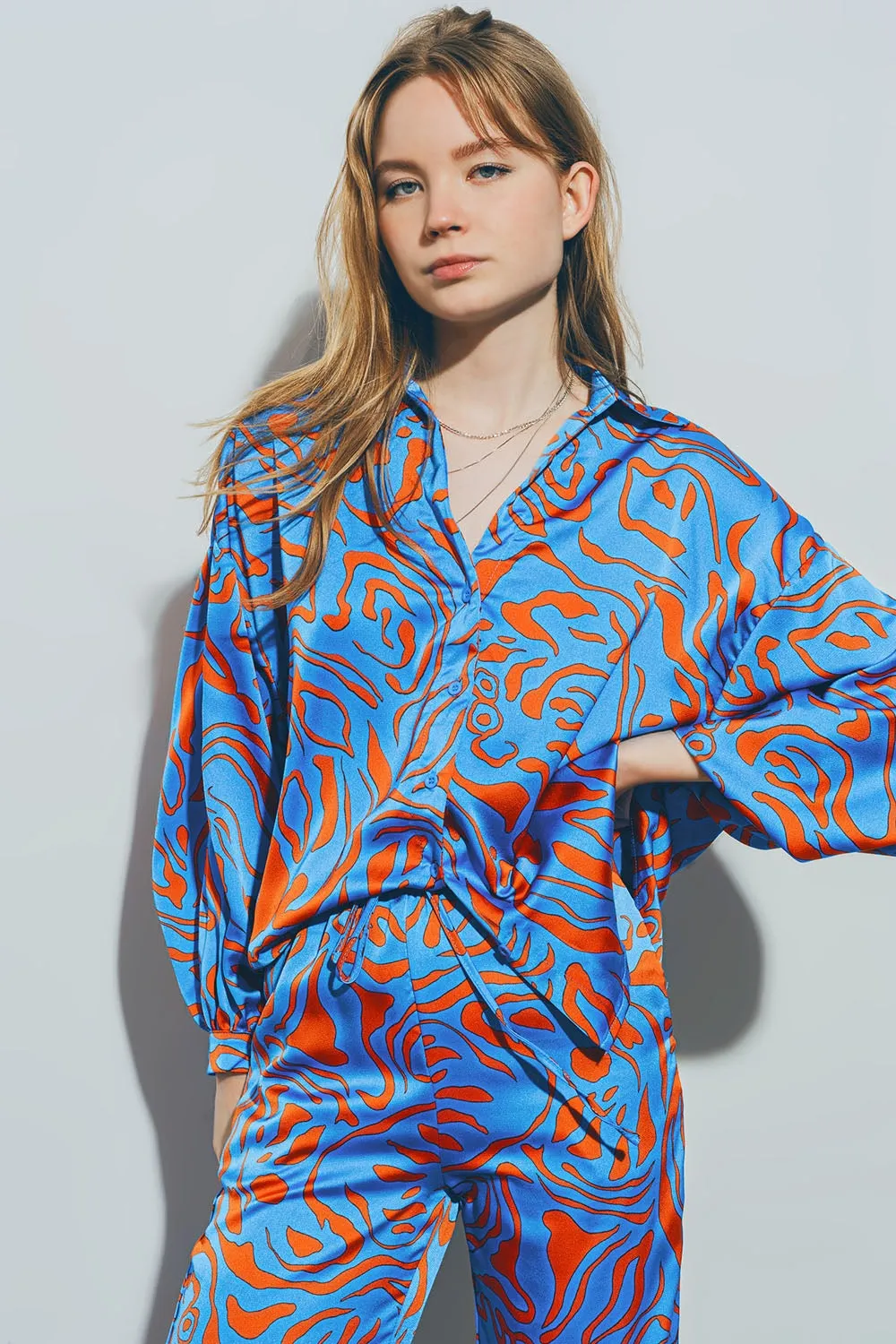 Satin Shirt with Balloon Sleeves in Blue