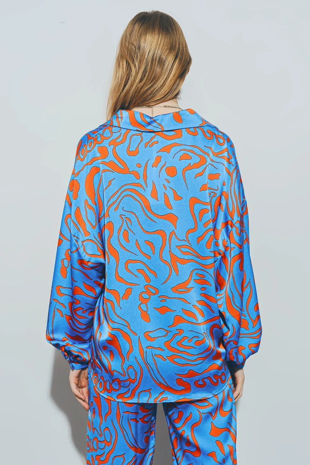 Satin Shirt with Balloon Sleeves in Blue
