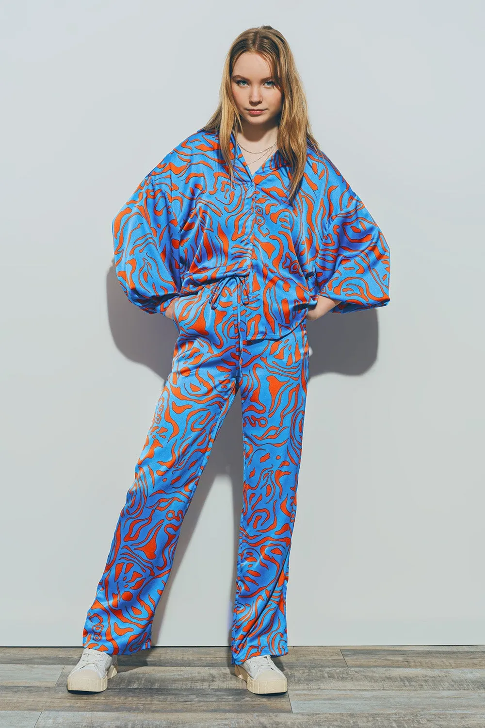 Satin Shirt with Balloon Sleeves in Blue