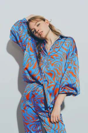 Satin Shirt with Balloon Sleeves in Blue