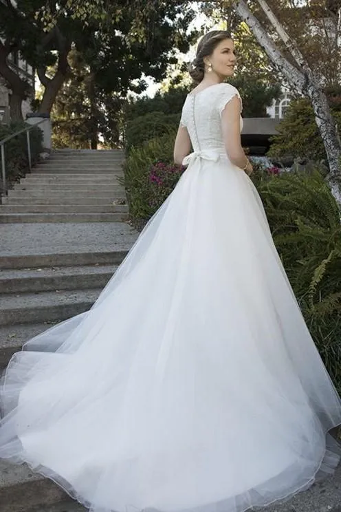 Scoop Neck Modest Wedding Gown with Lace Bodice