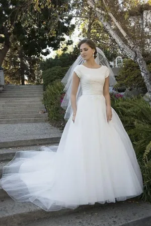 Scoop Neck Modest Wedding Gown with Lace Bodice