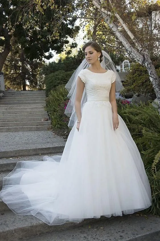 Scoop Neck Modest Wedding Gown with Lace Bodice