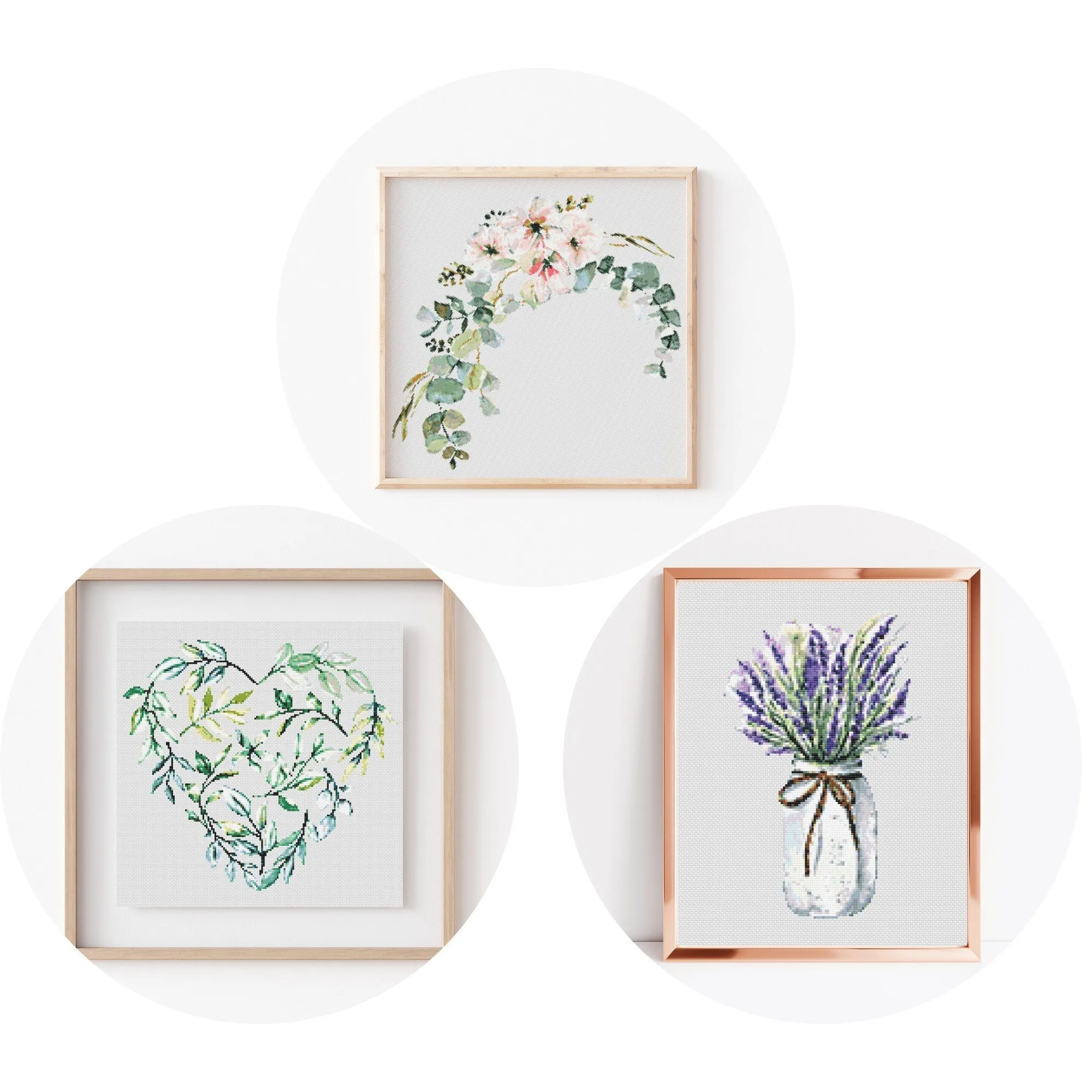 Set of 3 Cross Stitch Pattern, Instant PDF Download, Floral Design, Embroidery Tutorial, Counted Stitch Pattern, Modern Wall Art, DIY Decor