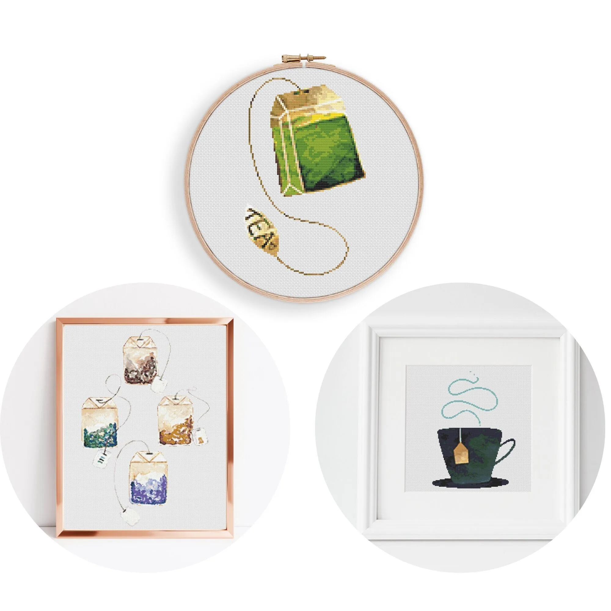 Set of 3 Cross Stitch Pattern, Instant PDF Download, Tea Time Decor, Embroidery Tutorial, Counted Stitch Pattern, Modern Wall Art, DIY Decor