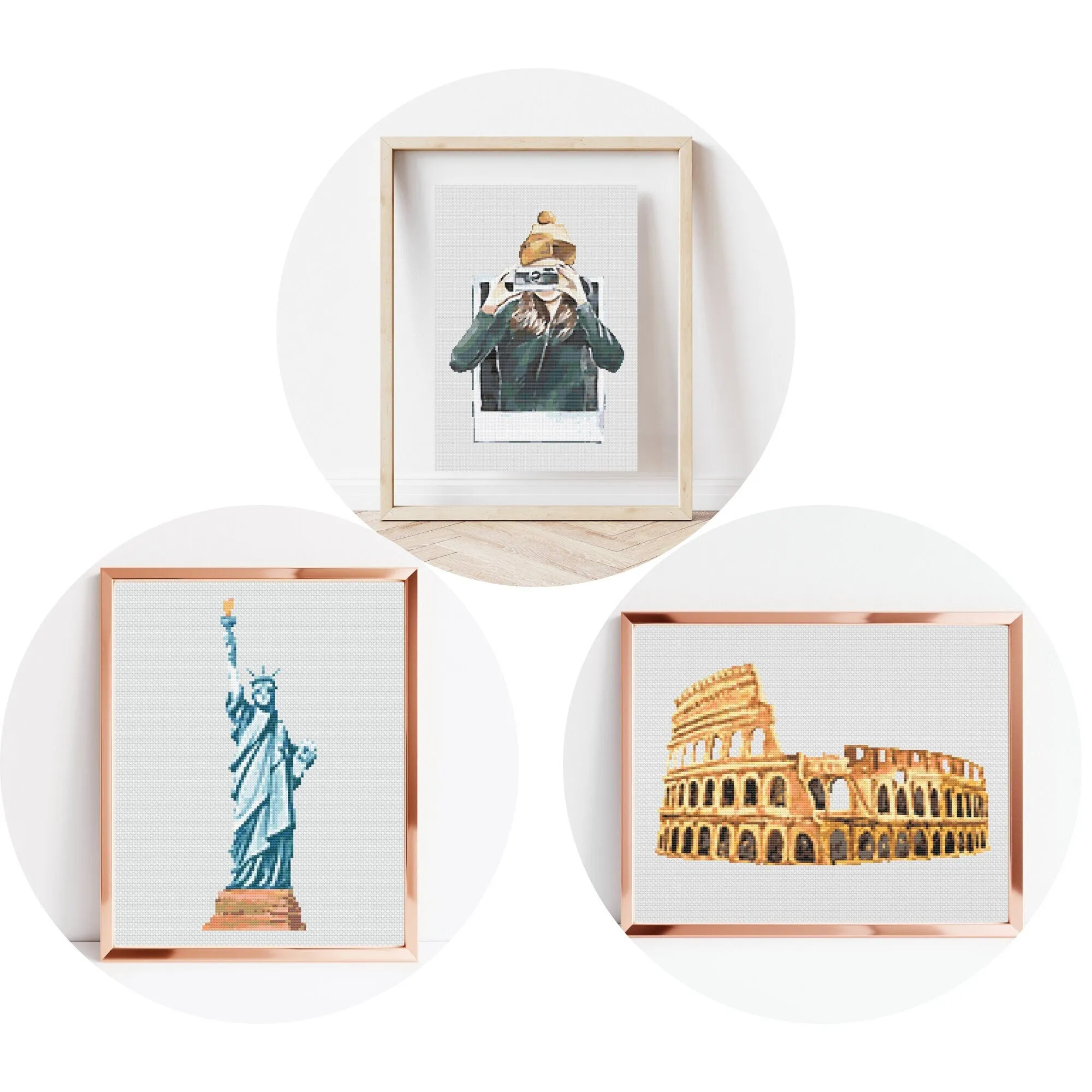 Set of 3 Cross Stitch Pattern, Instant PDF Download, Travel Design, Embroidery Tutorial, Counted Stitch Pattern, Modern Wall Art, DIY Decor