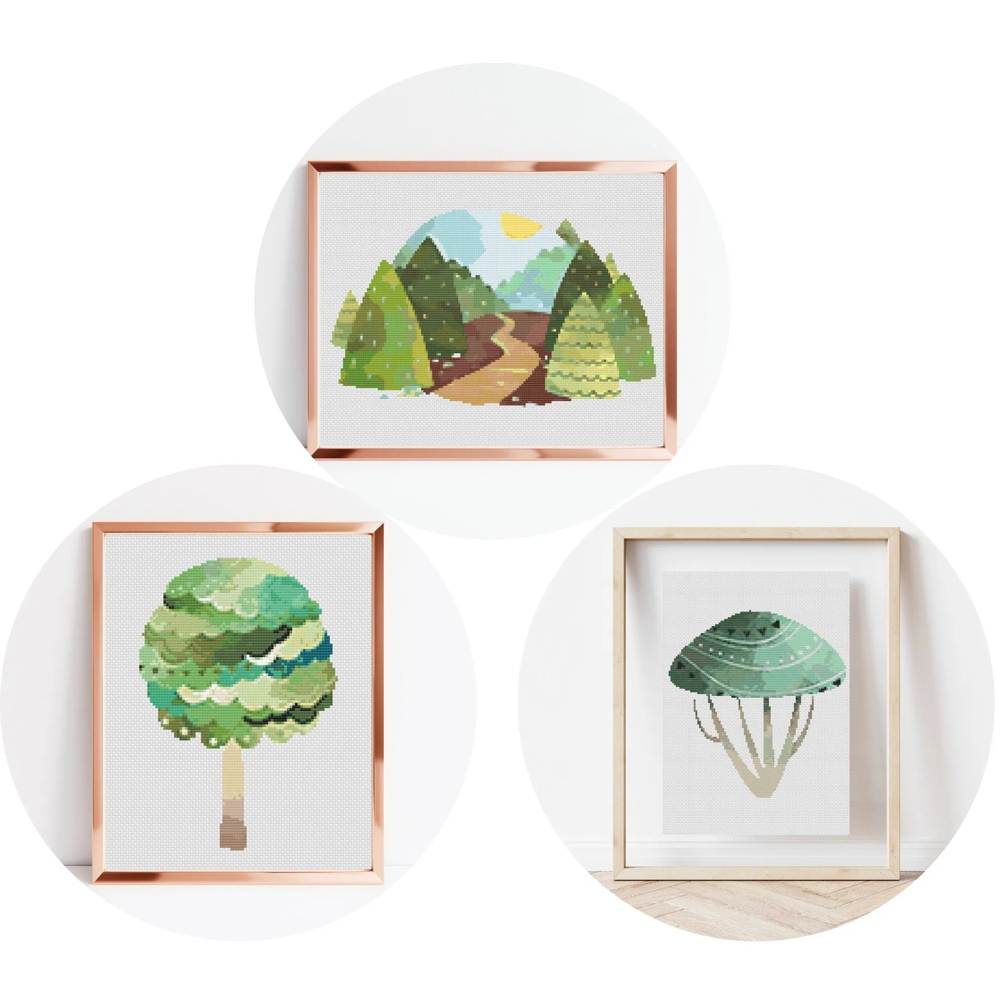 Set of 3 Cross Stitch Pattern, Instant PDF Download, Tree Outdoors, Modern Cross Stitch Tutorial, Embroidery Art, Counted Stitch Pattern