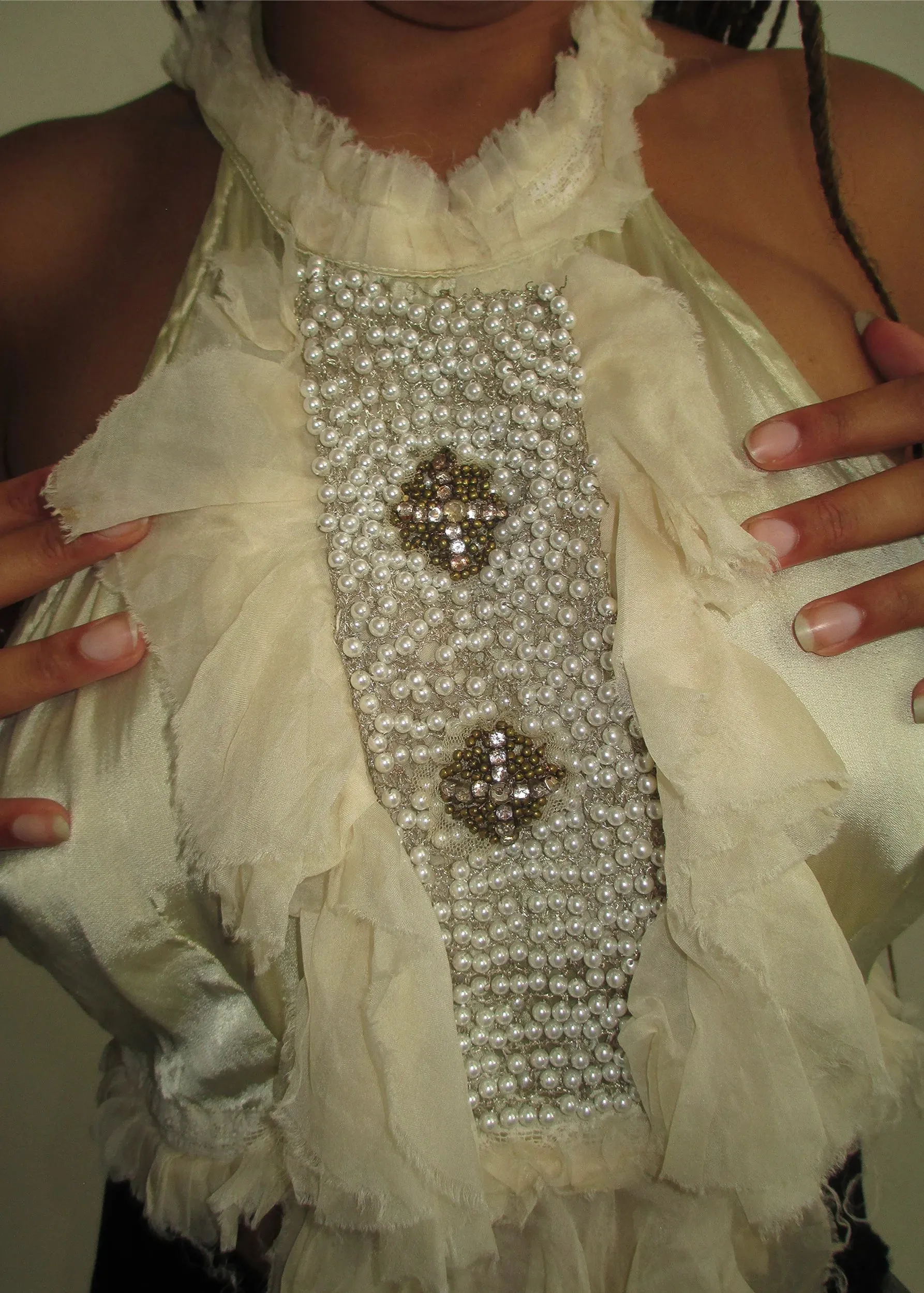 Silk ruffle front halter with beading