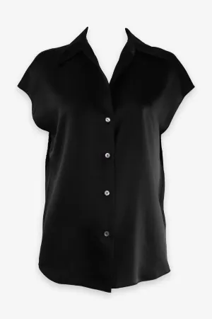 Silk Shaped Collar Cap Sleeve Blouse in Black