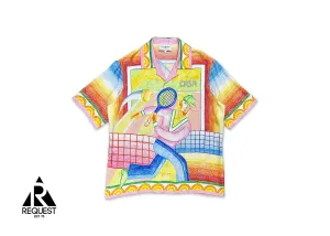 Silk Twill Cuban Collar S/S Button Up "Crayon Tennis Player"