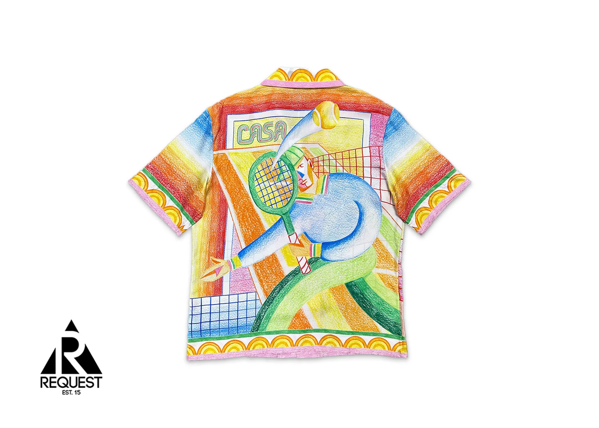 Silk Twill Cuban Collar S/S Button Up "Crayon Tennis Player"