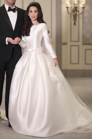 Simple&Modest Satin Bridal Wedding Gown Long Sleeves