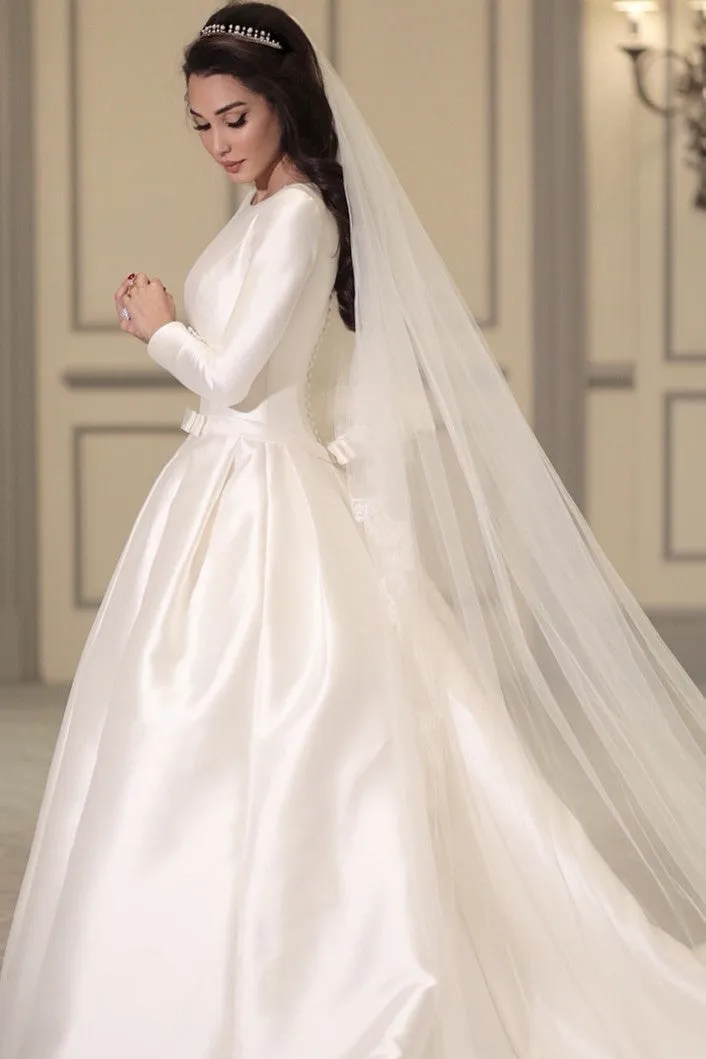 Simple&Modest Satin Bridal Wedding Gown Long Sleeves