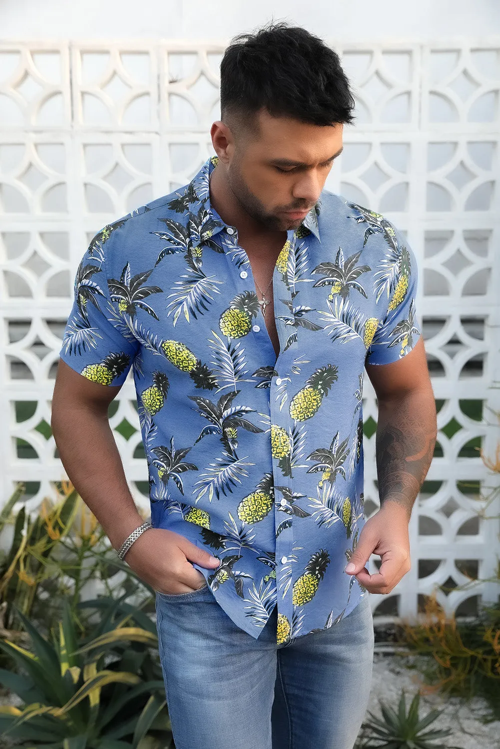 Sky Blue Men's Hawaiian Printed Short Sleeve Shirt