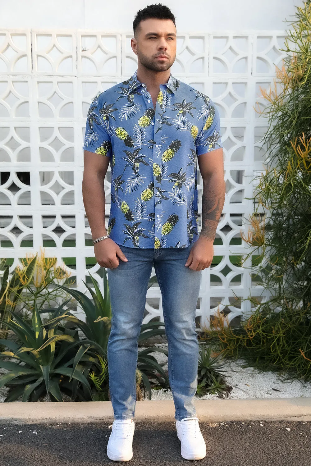Sky Blue Men's Hawaiian Printed Short Sleeve Shirt