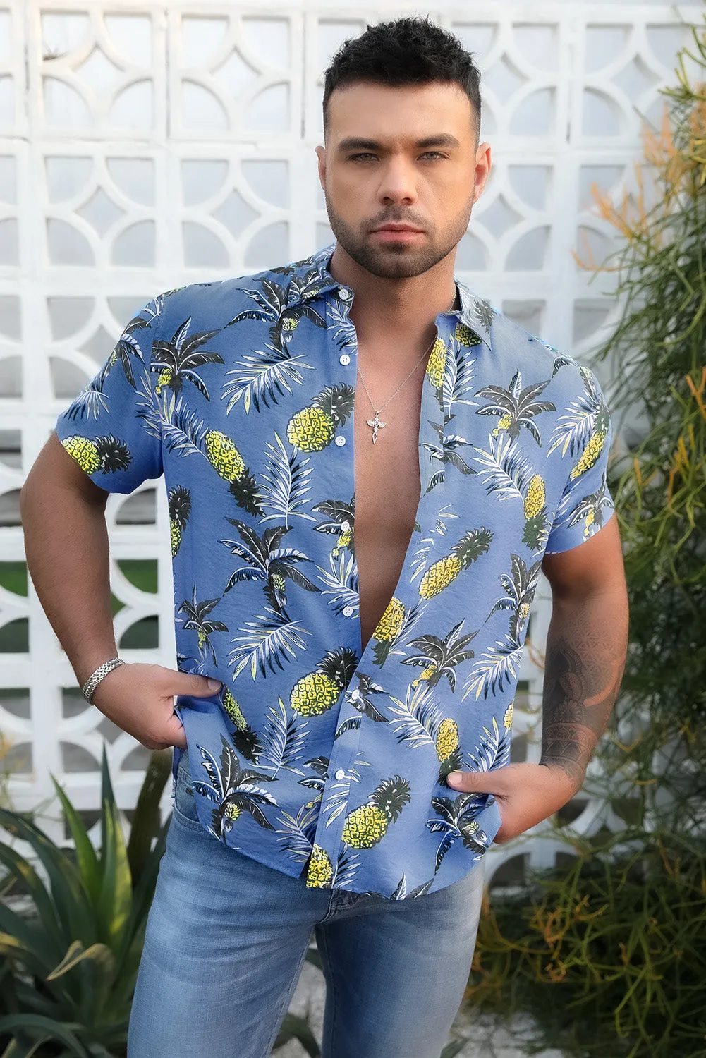 Sky Blue Men's Hawaiian Printed Short Sleeve Shirt