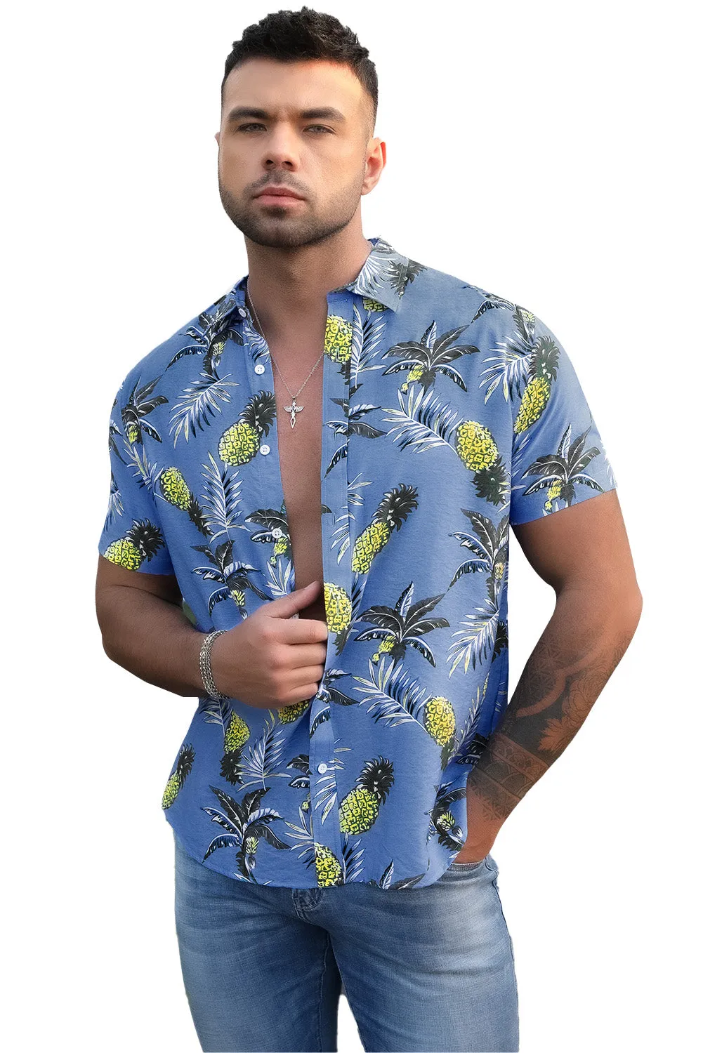 Sky Blue Men's Hawaiian Printed Short Sleeve Shirt