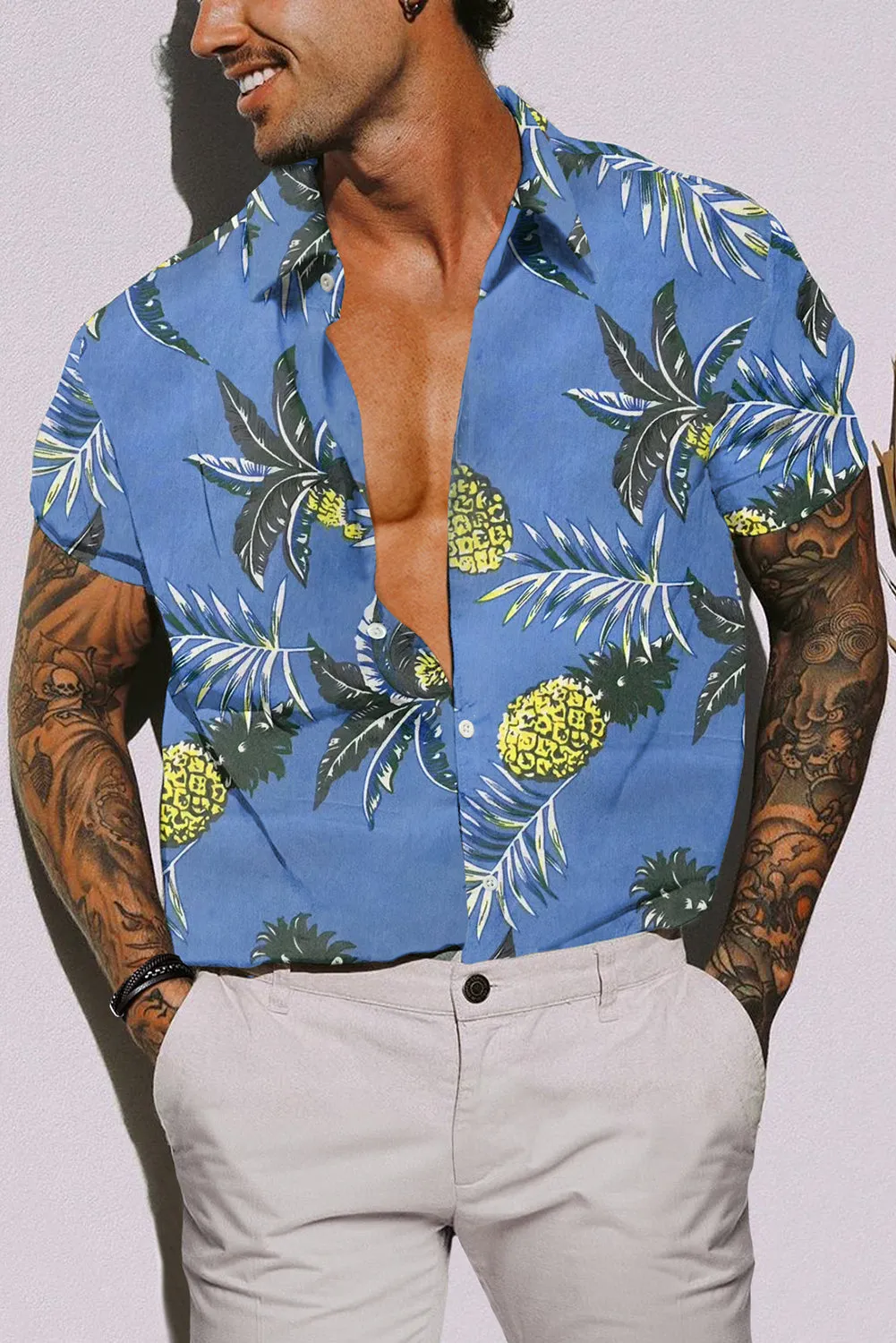 Sky Blue Men's Hawaiian Printed Short Sleeve Shirt