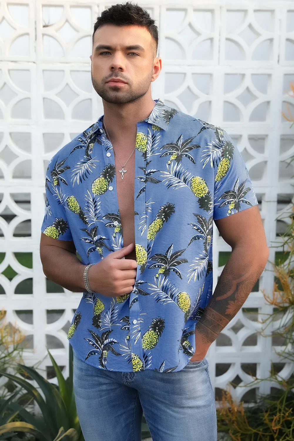 Sky Blue Men's Hawaiian Printed Short Sleeve Shirt