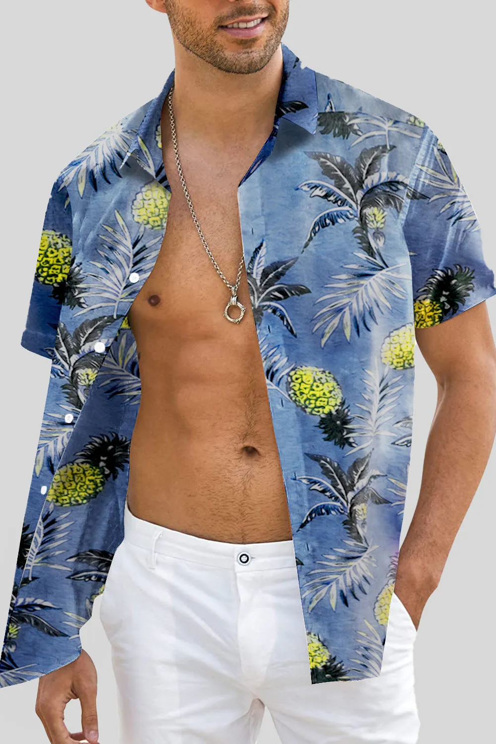 Sky Blue Men's Hawaiian Printed Short Sleeve Shirt