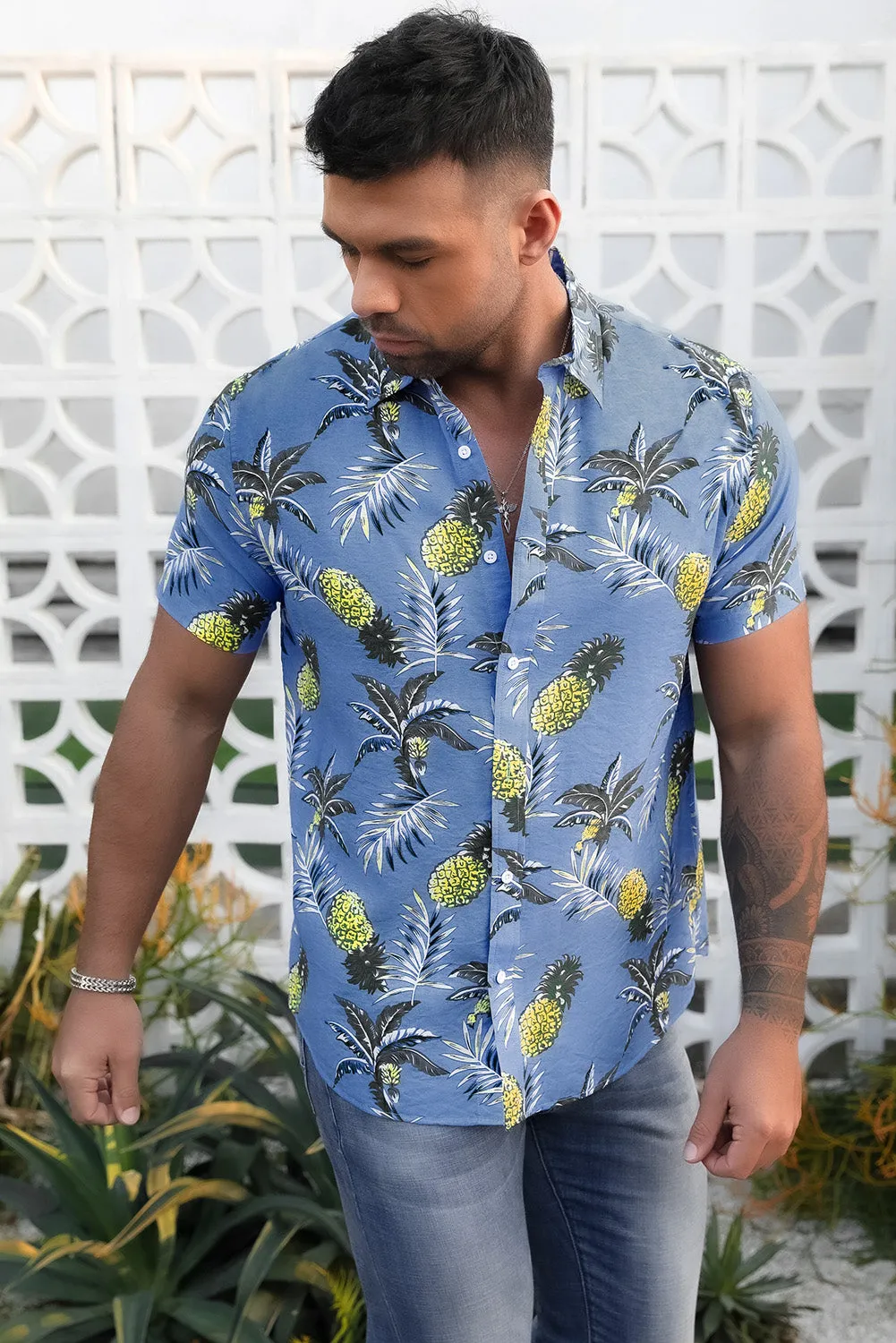 Sky Blue Men's Hawaiian Printed Short Sleeve Shirt