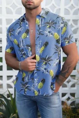 Sky Blue Men's Hawaiian Printed Short Sleeve Shirt