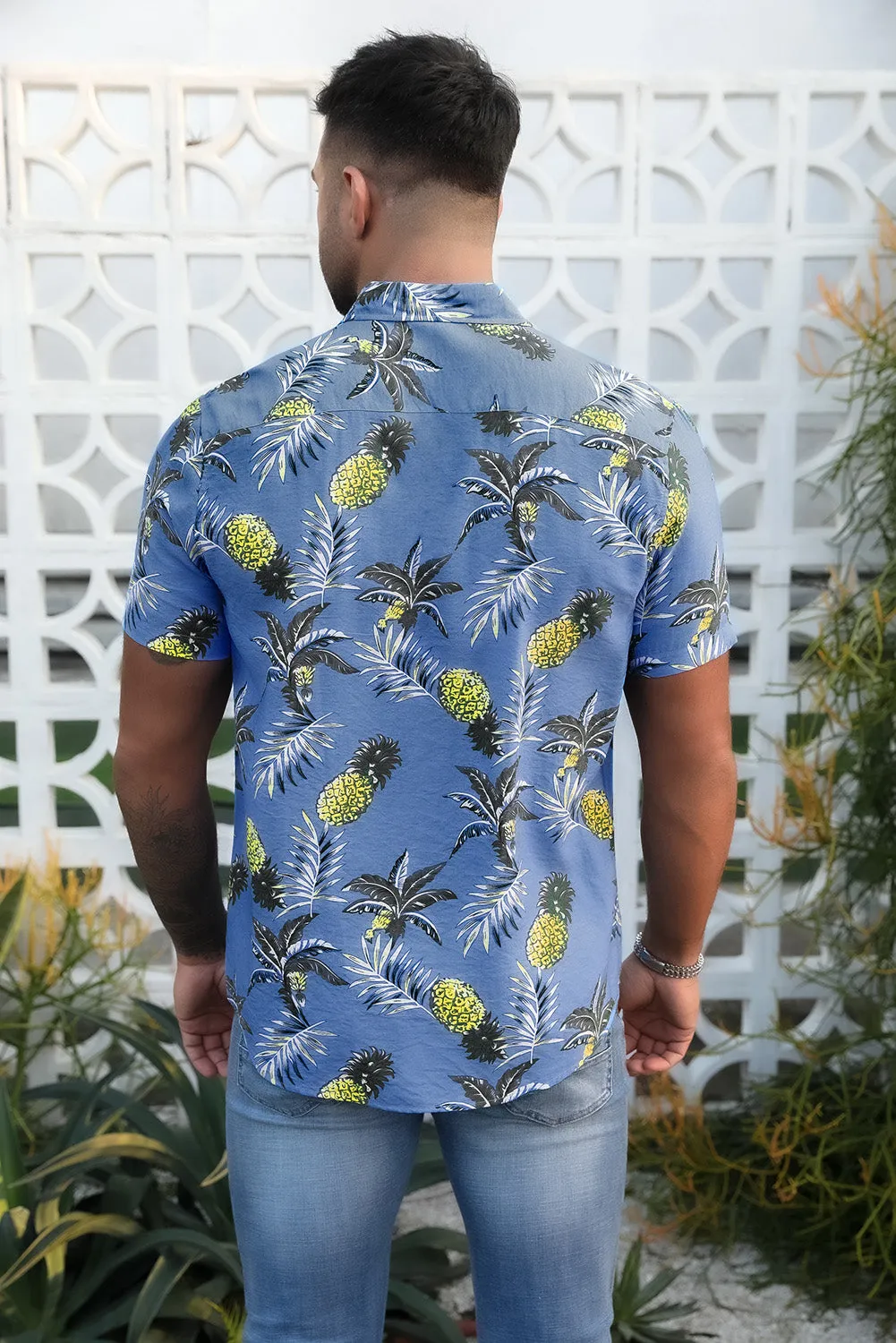 Sky Blue Men's Hawaiian Printed Short Sleeve Shirt