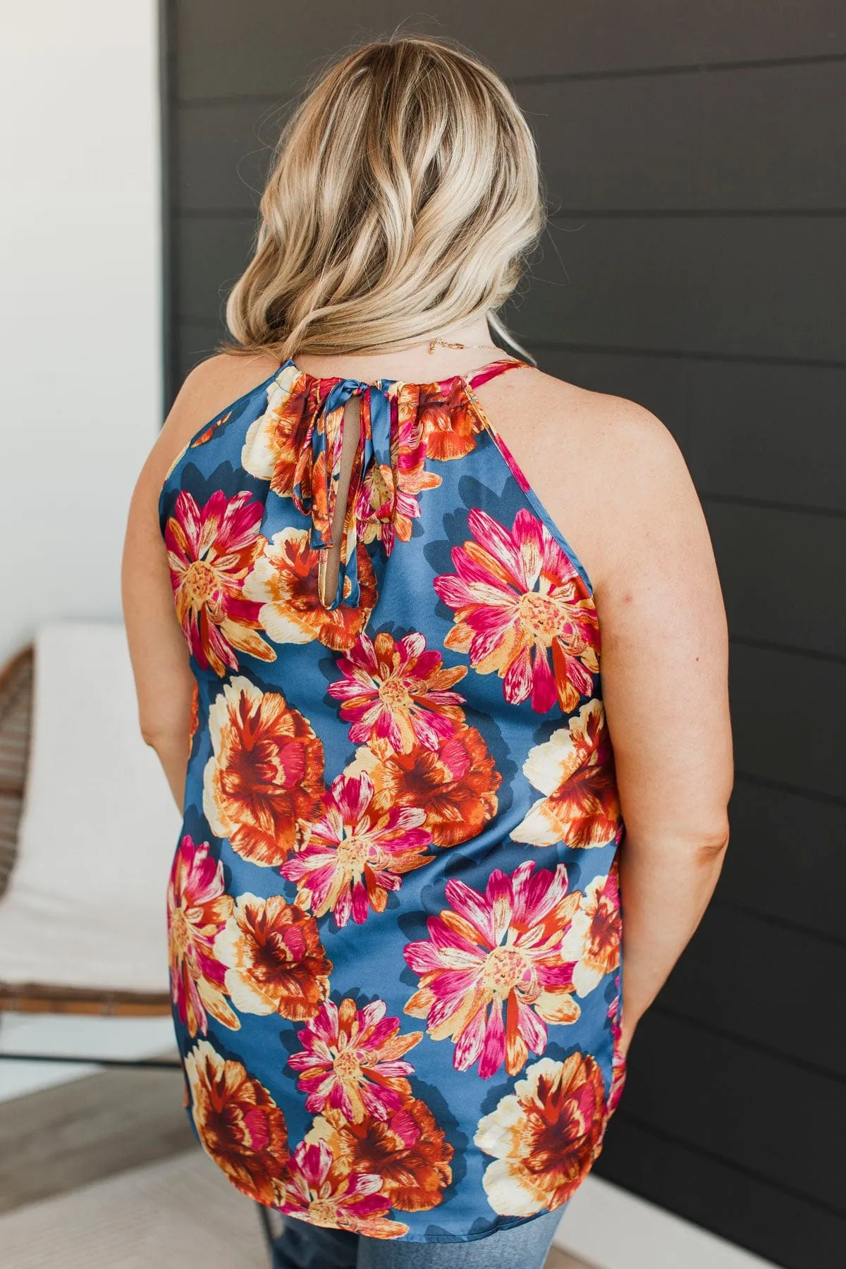 Soaring Above The Clouds Floral Tank Top- Navy
